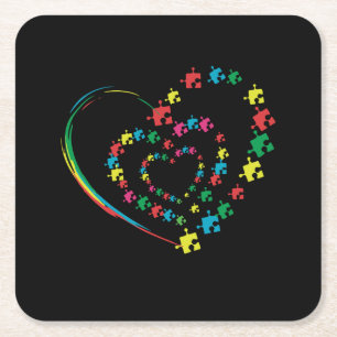 Kärlek - "Ribbon Heart Puzzle Autism Awareness Gi Underlägg Papper Kvadrat