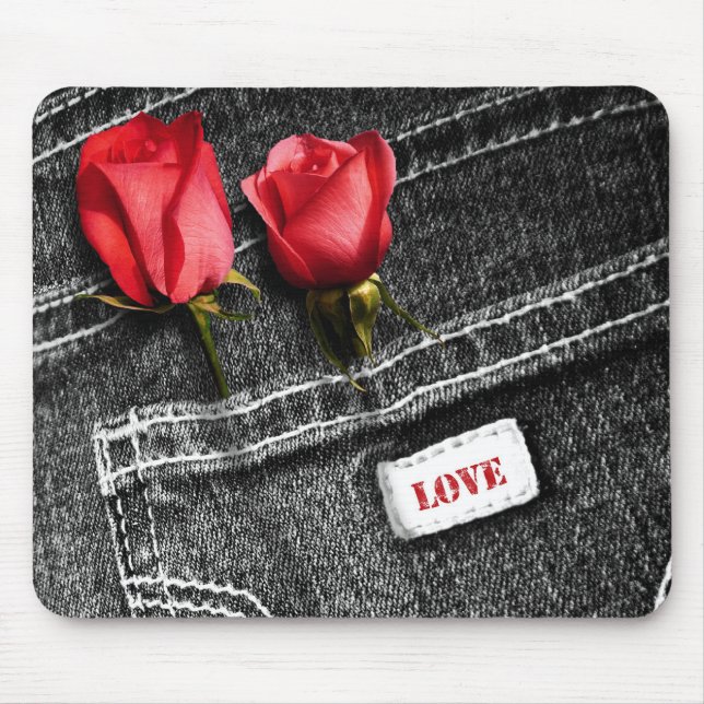 Kärlek. Röd ros och Denim Valentines Day Gift Musmatta (Framsidan)
