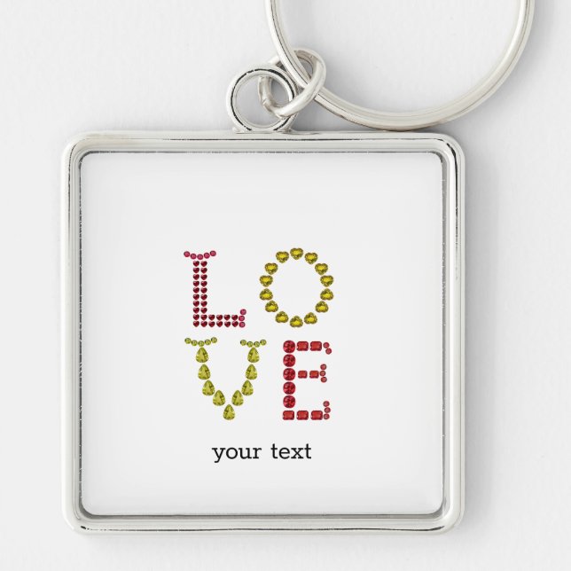 Kärlek, Röda och Gult Fyrkantig Silverfärgad Nyckelring (Framsidan)