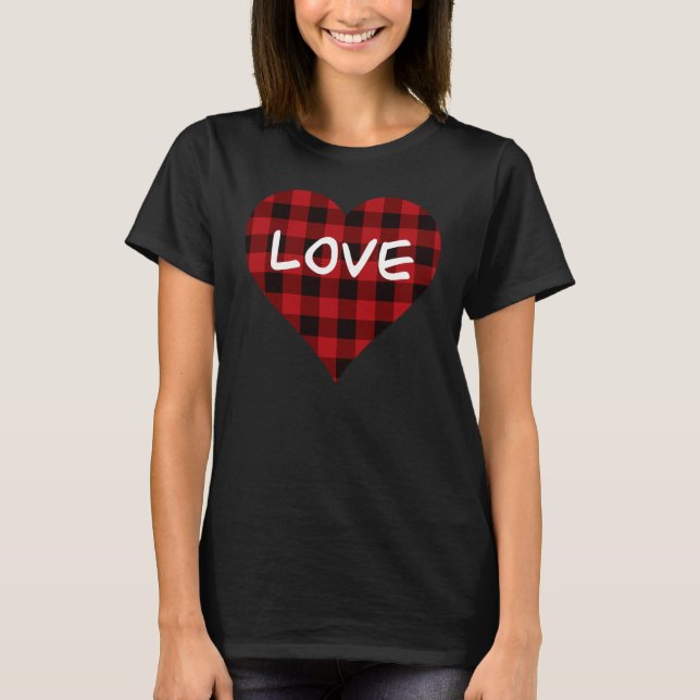Kärlek, rödbuffel plaid mönster, valentinhjärta t shirt (Framsida)