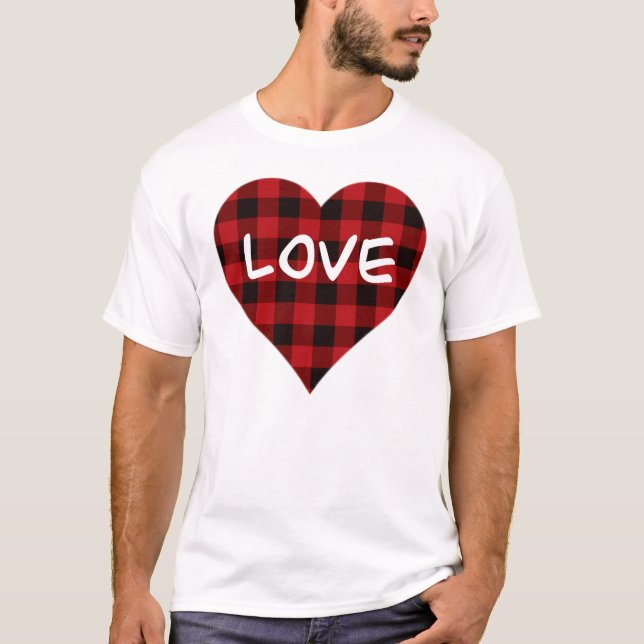 Kärlek, rödbuffel plaid mönster, valentinhjärta t shirt (Framsida)