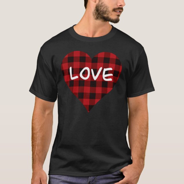 Kärlek, rödbuffel plaid mönster, valentinhjärta t shirt (Framsida)