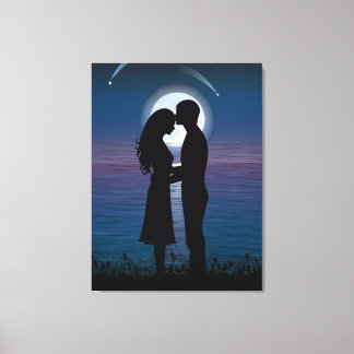 Kärlek Romantik Silhouette par vid Kusten vid Sjö Canvastryck