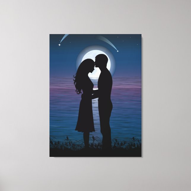 Kärlek Romantik Silhouette par vid Kusten vid Sjö Canvastryck (Framsida)
