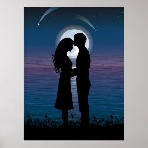 Kärlek Romantik Silhouette par vid Kusten vid Sjö Poster