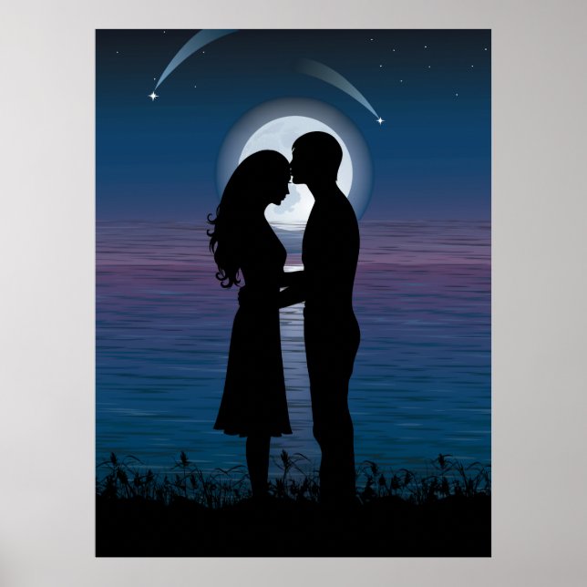 Kärlek Romantik Silhouette par vid Kusten vid Sjö Poster (Framsidan)