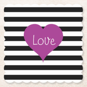 KÄRLEK Rosa Heart Black & White Rand Mönster Underlägg Papper