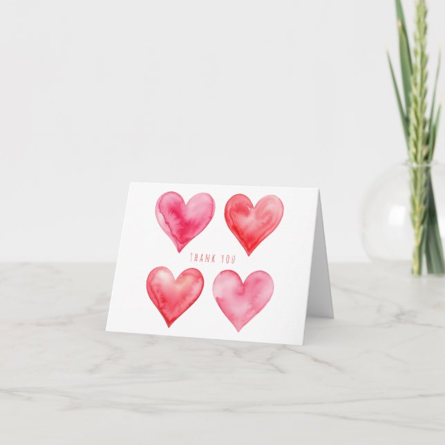 Kärlek rosa och röda akvarellhjärtan mönster  tack kort (Framsida)