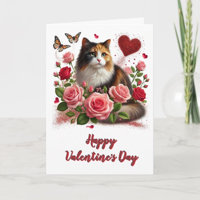 Kärlek Rosa ros och Calico Cat Valentine Day Kort (Framsida)
