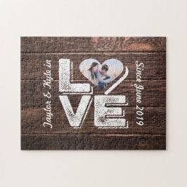 Kärlek Rustic Woodland Photo Heart Ram Monogram Pussel