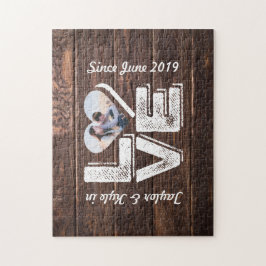 Kärlek Rustic Woodland Photo Heart Ram Monogram Pussel