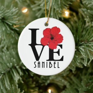 KÄRLEK Sanibel Red Hibiscua Julgransprydnad Keramik