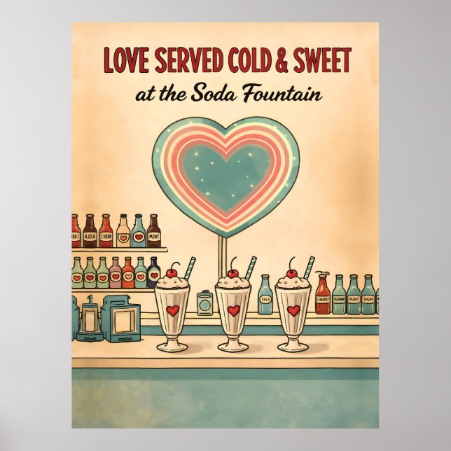 Kärlek Serveras Kallt & Sött Retro Sodafontän Poster (Framsidan)