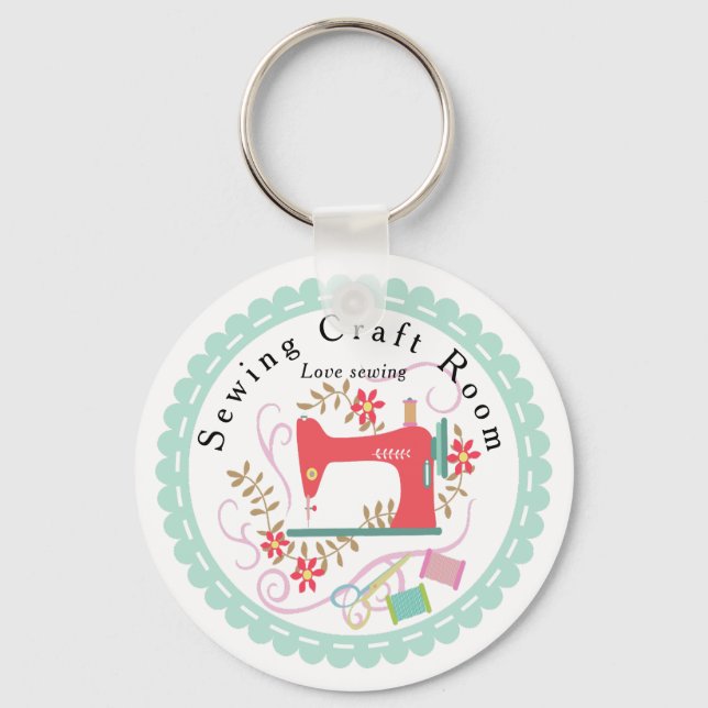 Kärlek Sewing Maskin. Personlig. Blått. Nyckelring (Framsida)