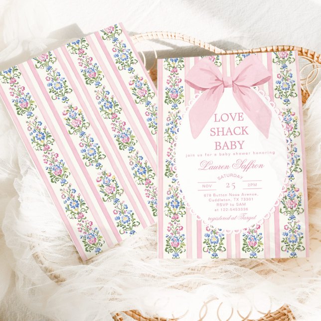 Kärlek Shack Baby Rosa Bow Blommigt Baby Shower Inbjudningar (Skapare uppladdad)