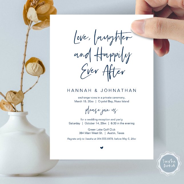 Kärlek, skratt, marinblå, bröllopsfest för älskand inbjudningar (Love Laughter Happily Ever After Wedding Elopement Dinner Party Invitation Card, PDF, Navy Blue)