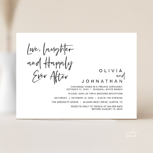 Kärlek, skratt och lyckliga slut, Modernt Inbjudningar (Love, Laughter and Happily Ever After, Modern Boho Wedding Invitation Card PDF Black White)