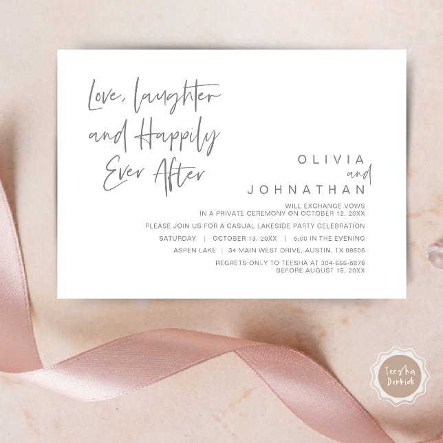 Kärlek, skratt och lyckliga stunder för evigt, vig inbjudningar (Love, Laughter and Happily ever after, Modern Wedding Elopement Invitation Card, PDF, in Dark Grey)