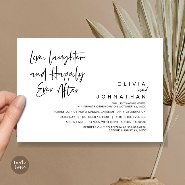 Kärlek, skratt och lyckligt för evigt, flyktbröllo inbjudningar (Love, Laughter and Happily ever after, Modern Wedding Elopement Invitation Card, PDF, in Black)