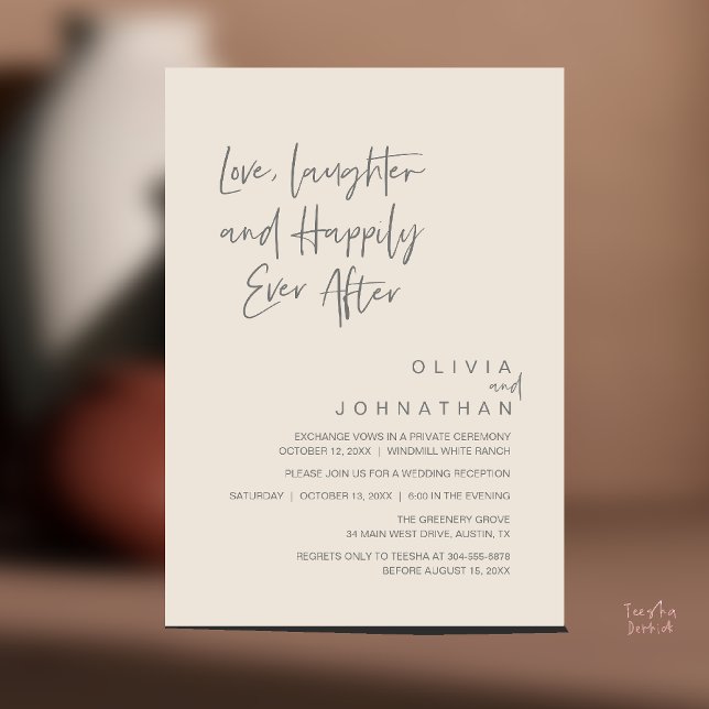 Kärlek, skratt och lyckligtvis allt efter, modern inbjudningar (Love, Laughter and Happily Ever After, Modern Boho Wedding Invitation Card PDF Cream Grey)