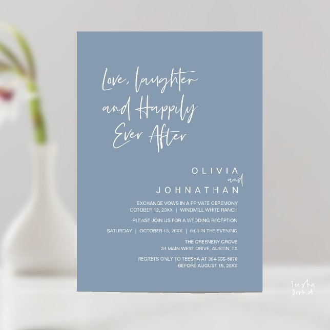 Kärlek, skratt och lyckligtvis allt efter, modern inbjudningar (Love, Laughter and Happily Ever After, Modern Boho Wedding Invitation Card PDF Dusty Blue)