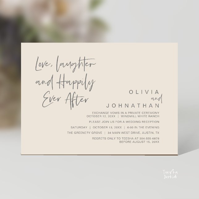 Kärlek, skratt och lyckligtvis allt efter, modern inbjudningar (Love, Laughter and Happily Ever After, Modern Boho Wedding Invitation Card PDF Cream Grey)