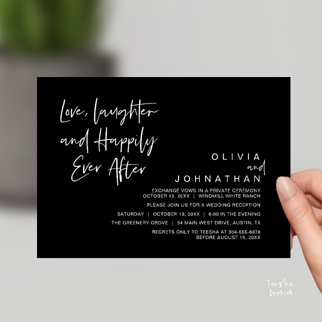 Kärlek, skratt och lyckligtvis allt efter, modern inbjudningar (Love, Laughter and Happily Ever After, Modern Boho Wedding Invitation Card PDF Black White)