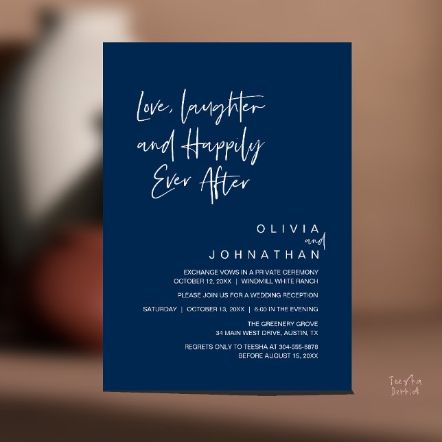 Kärlek, skratt och lyckligtvis allt efter, modern inbjudningar (Love, Laughter and Happily Ever After, Modern Boho Wedding Invites Card PDF Navy Blue)