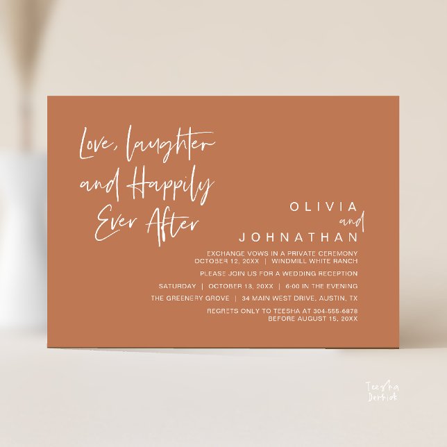 Kärlek, skratt och lyckligtvis allt efter, modern inbjudningar (Love, Laughter and Happily Ever After, Modern Boho Wedding Invites Card PDF Brown Copper Terracotta)