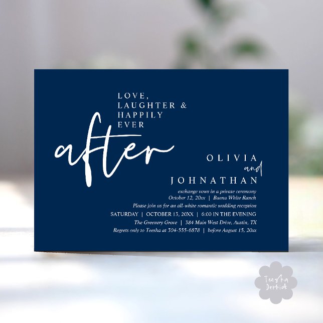 Kärlek, skratt och lyckligtvis allt efter mottagan inbjudningar (Love, Laughter And Happily Ever After Reception Modern Minimalist Invitation Card PDF Navy Blue)