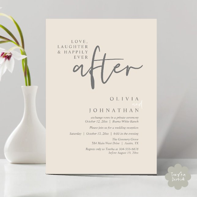 Kärlek, skratt och lyckligtvis allt efter mottagan inbjudningar (Love, Laughter And Happily Ever After Reception Modern Minimalist Invitation Card PDF Cream Grey)