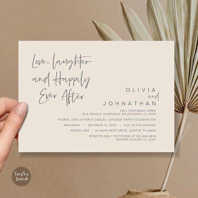 Kärlek, Skratt och lyckligtvis alltid efter, Elope Inbjudningar (Love, Laughter and Happily Ever After, Wedding Elopement Dinner Invitation Card, Cream Dark Grey)