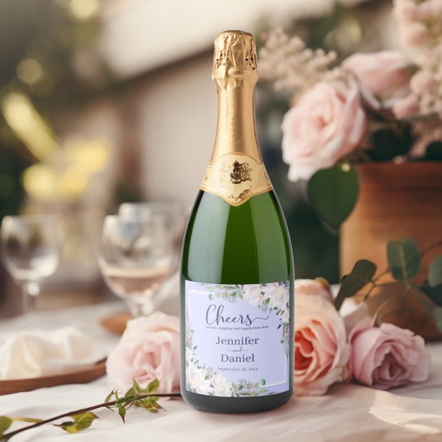 Kärlek Skratt Rosa Peony Lavender Bröllop Toast (Cheers! Love Laughter and Happy Ever After Pink Peony Lavender Wedding Toast Sparkling Wine Label)
