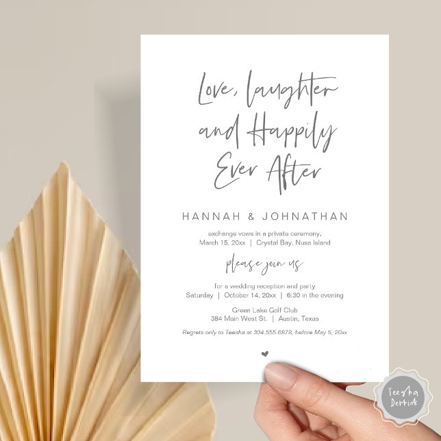 Kärlek, Skratt, Svart, Bröllop Elopement Party Inbjudningar (Love Laughter Happily Ever After Wedding Elopement Dinner Party Invitation Card, PDF, Dark Grey)