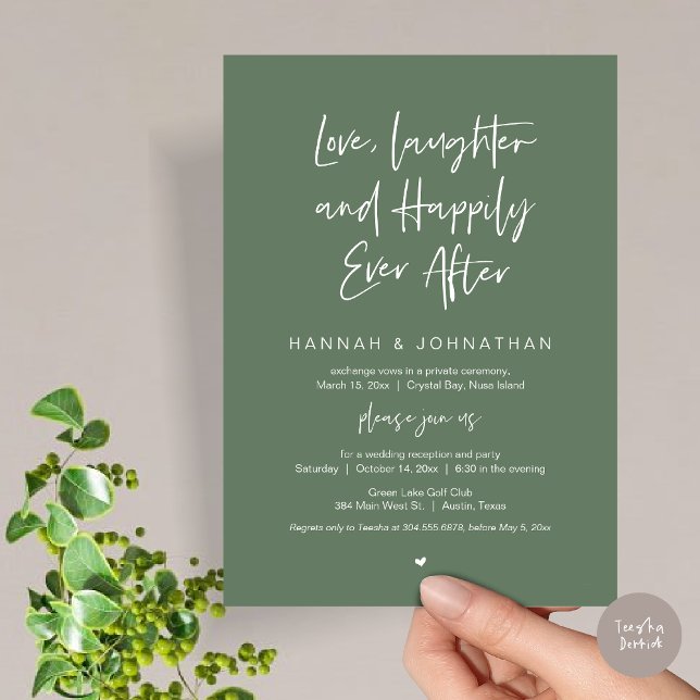 Kärlek, Skratt, Svart, Bröllop Elopement Party Inbjudningar (Love Laughter Happily Ever After Wedding Elopement Dinner Party Invitation Card, PDF, Sage Green)