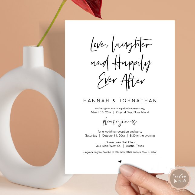 Kärlek, skratt, svart, bröllopsfest för elopement inbjudningar (Love Laughter Happily Ever After Wedding Elopement Dinner Party Invitation Card, PDF, White Black)