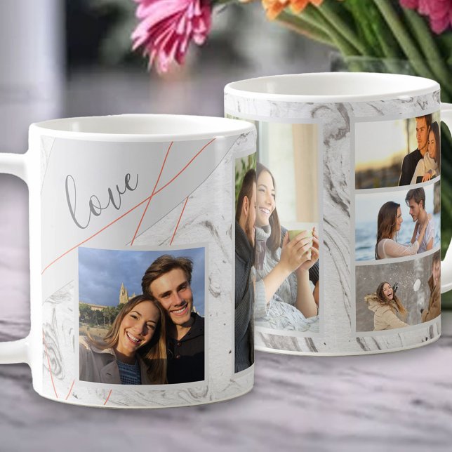 Kärlek-skript - 5 fotokollage på Grått White Marbl Kaffemugg (Skapare uppladdad)