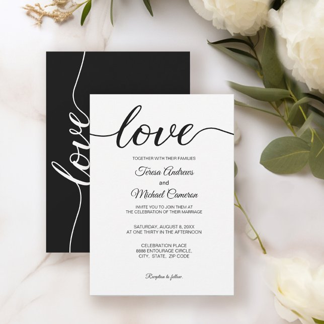 Kärlek-skript i Chic Black White Bröllop Inbjudningar (Classic Black and white love script wedding invite.)