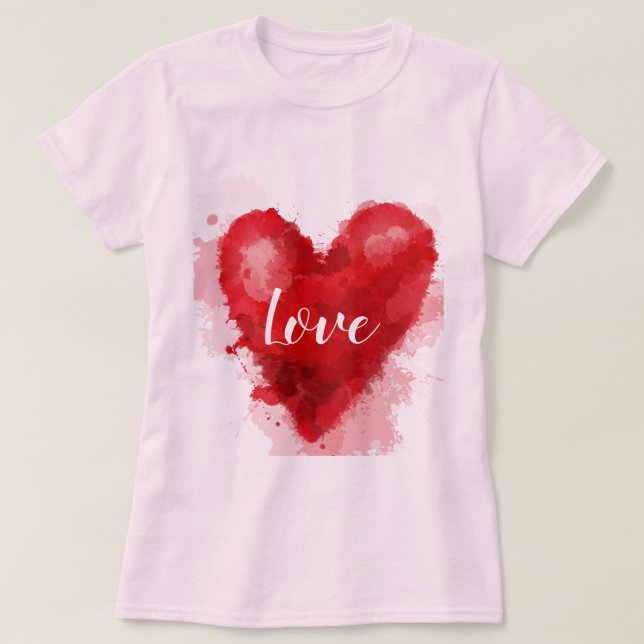 Kärlek slogan Röd vattenfärgshjärtvalentin T Shirt (Design framsida)