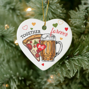 Kärlek som pizza och öl giftermål par julgransprydnad keramik