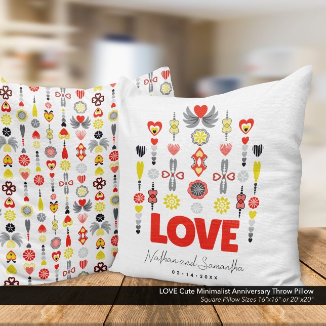 KÄRLEK Söt Minimalistisk årsdag Kudde (LOVE Cute Minimalist Throw Pillow with Hearts & Flowers: Customize Your Names & Anniversary Date.
)