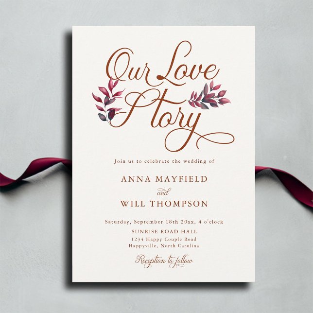 Kärlek Story Romantic Fall Foliage Burgundy Bröllo Inbjudningar (our love story fall wedding invitation modern romantic calligraphy autumn foliage burgundy elegant)