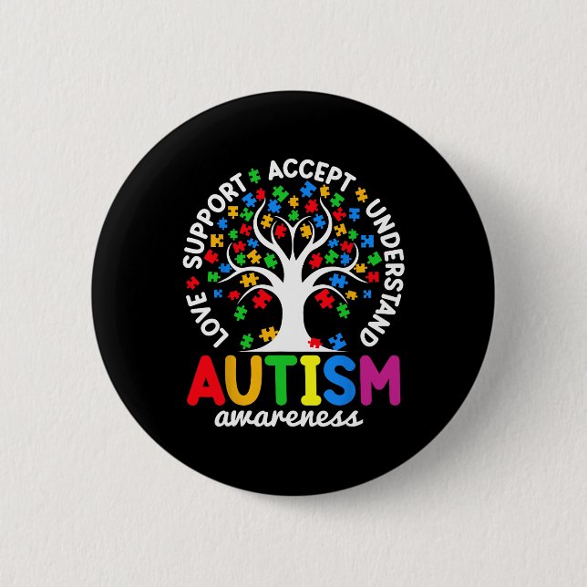 Kärlek Support accepterar Pussel Träd Autism Knapp (Framsida)