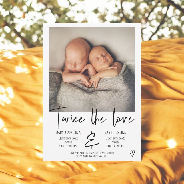 Kärlek svart manus hjärta foto bebisar tvillingar  meddelande (Love black script heart photo baby twins birth announcement)