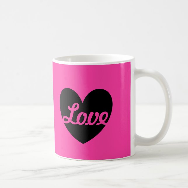 "Kärlek" Svarta hjärtat på fuchsisk rosa Kaffemugg (Höger)
