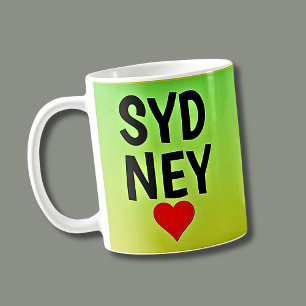 Kärlek Sydney (eller din text) Hjärta på Grönt Gul Kaffemugg
