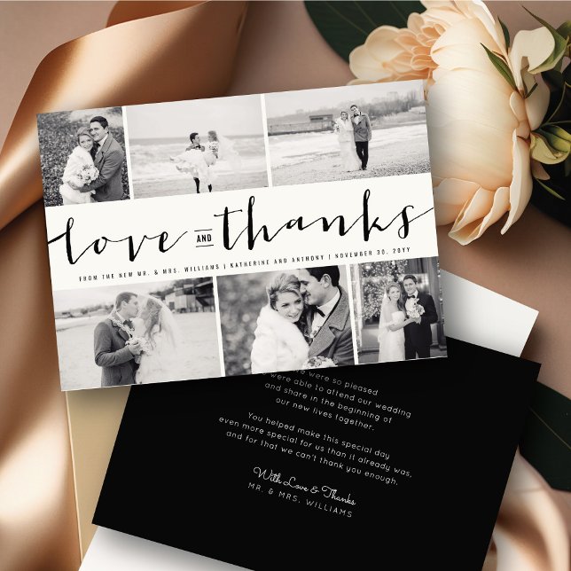 Kärlek & tack, 6-foto-Bröllop-design Tack Kort (Love And Thanks Modern Classic Script 6 Photo Collage Wedding Thank You Card @ fatfatin_blue_knot)