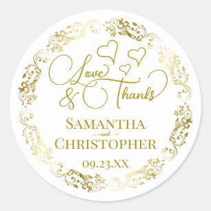 Kärlek & tack Elegant Guld & White Wedding Favor Runt Klistermärke