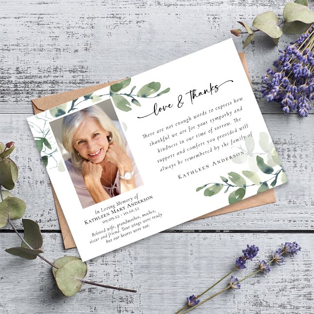 Kärlek & tack Eucalyptus Funeral Memorial Photo Kort (Skapare uppladdad)