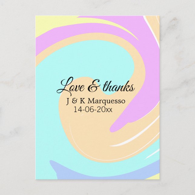 Kärlek & tack färgglast marmor bröllopsnamn vykort (Framsida)